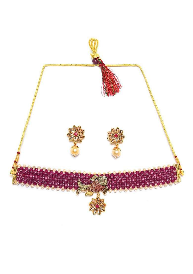 Gold Plated Maroon Stone Studded And Pearl Beaded Jewellery Set - Indya