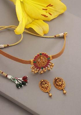 Gold Plated Pink And Green Stone Studded And Beaded Jewellery Set