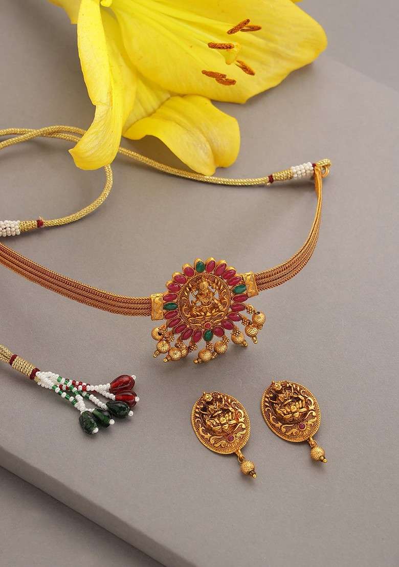 Gold Plated Pink And Green Stone Studded And Beaded Jewellery Set - Indya