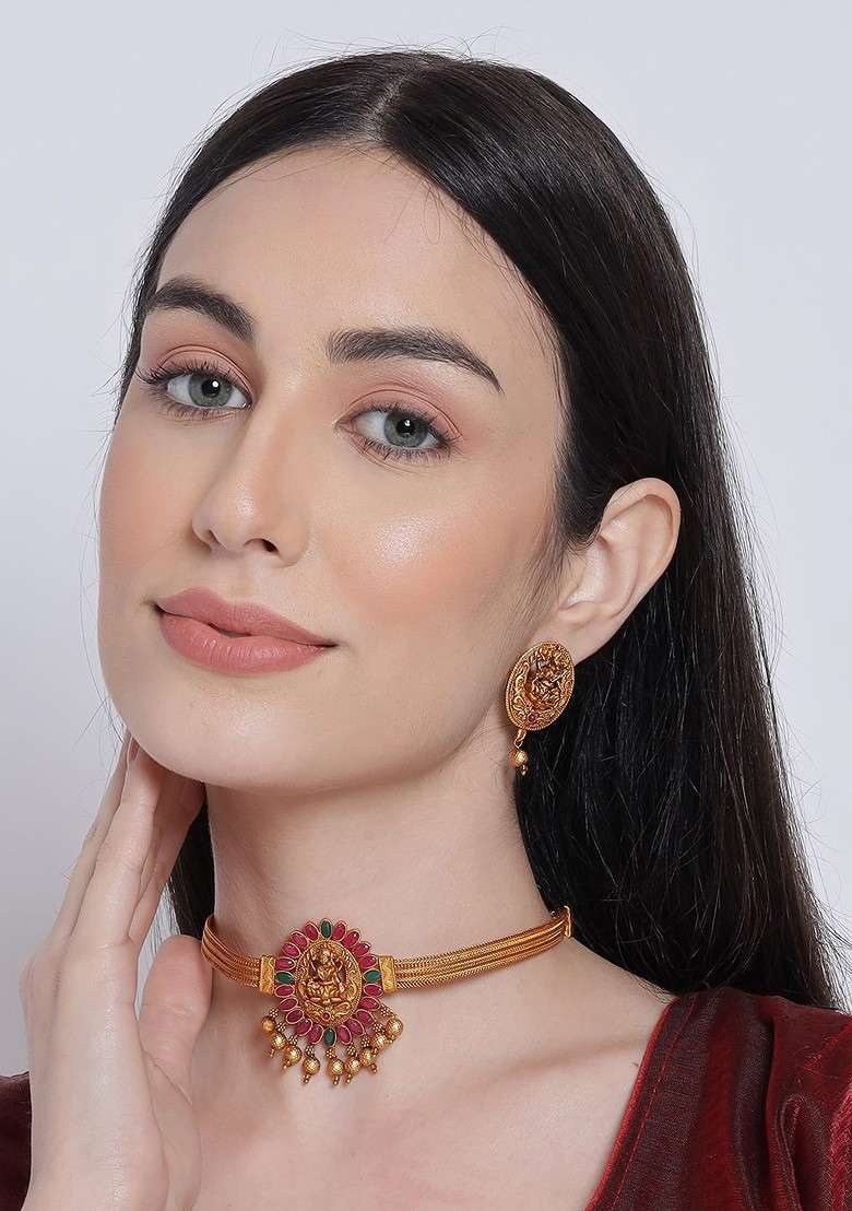 Gold Plated Pink And Green Stone Studded And Beaded Jewellery Set - Indya
