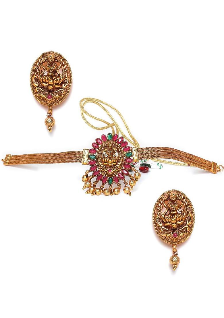 Gold Plated Pink And Green Stone Studded And Beaded Jewellery Set