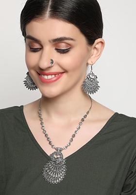 Women Silver Plated Oxidized Peacock Jewellery Set