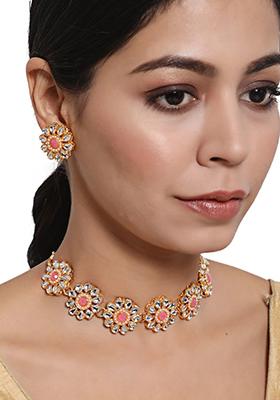 Gold Plated Pink And White Kundan Studded Traditional Jewellery Set