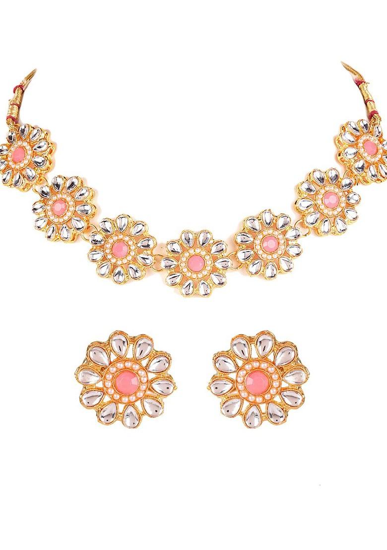 Gold Plated Pink And White Kundan Studded Traditional Jewellery Set