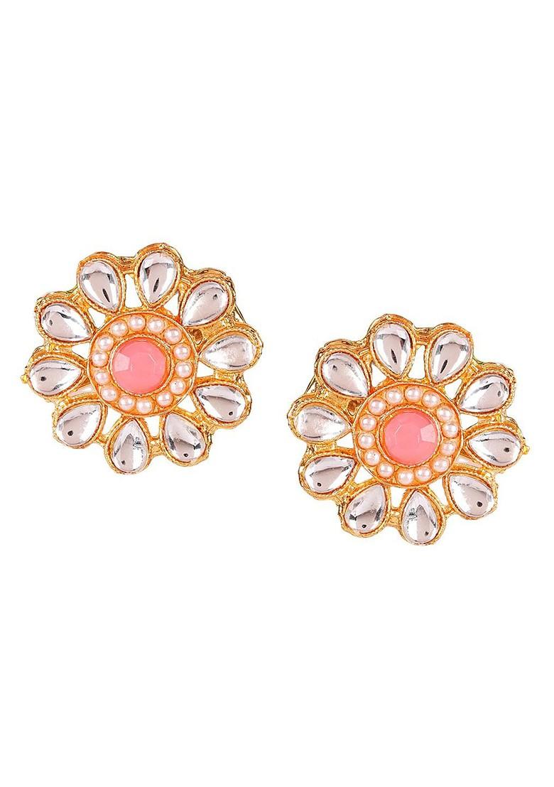 Gold Plated Pink And White Kundan Studded Traditional Jewellery Set