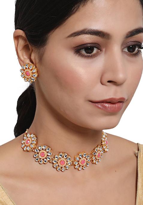 Gold Plated Pink And White Kundan Studded Traditional Jewellery Set