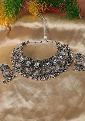 Silver Plated Pink Stone Studded Oxidized Jewellery Set