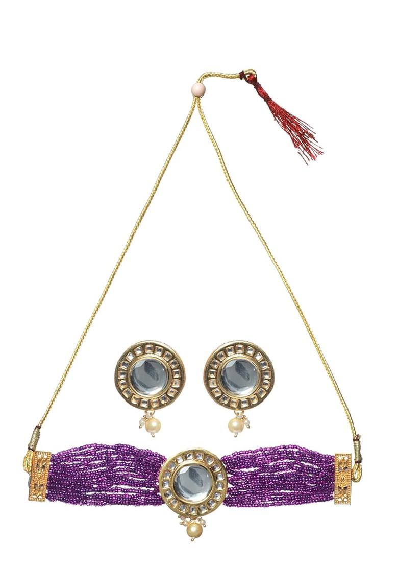 Women Gold Plated Purple Kundan Studded And Beaded Jewellery Set