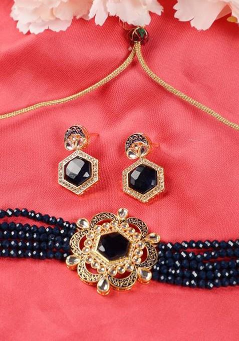 Gold Plated Blue Kundan Studded And Beaded Jewellery Set