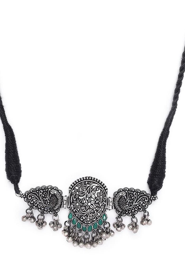 Silver Plated Green Stone Studded Oxidised Peacock Shaped Jewellery Set