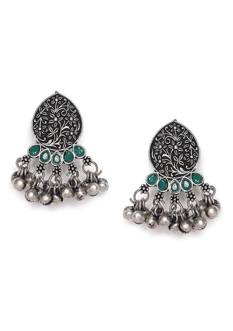 Silver Plated Green Stone Studded Oxidised Peacock Shaped Jewellery Set