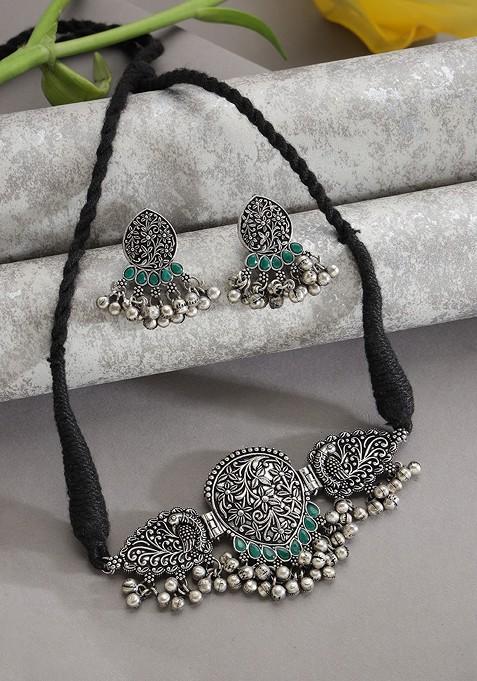 Silver Plated Green Stone Studded Oxidised Peacock Shaped Jewellery Set