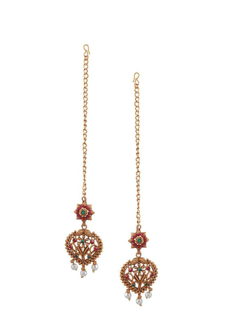 Gold Plated Stone Studded And Pearls Beaded Jewellery Set