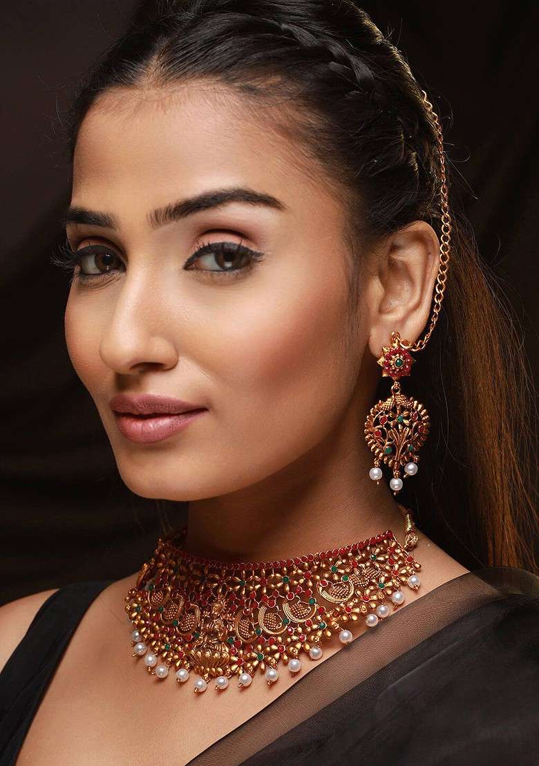 Gold Plated Stone Studded And Pearls Beaded Jewellery Set - Indya