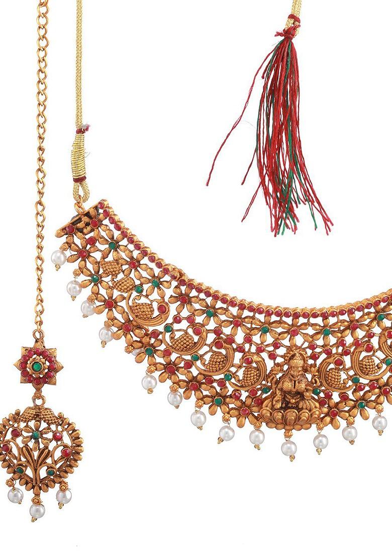 Gold Plated Stone Studded And Pearls Beaded Jewellery Set