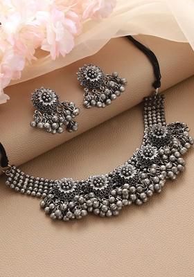 Oxidised Silver Plated And Beaded Jewellery Set