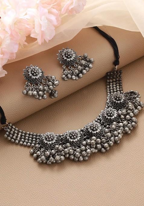Oxidised Silver Plated And Beaded Jewellery Set