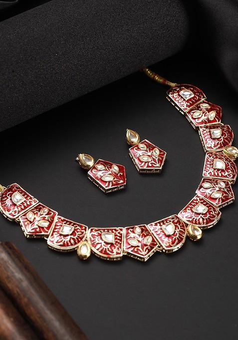 Gold Plated Enamelled And Kundan Studded Jewellery Set