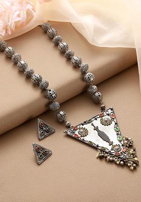 Silver Plated Oxidised Kundan Stone Studded Jewellery Set