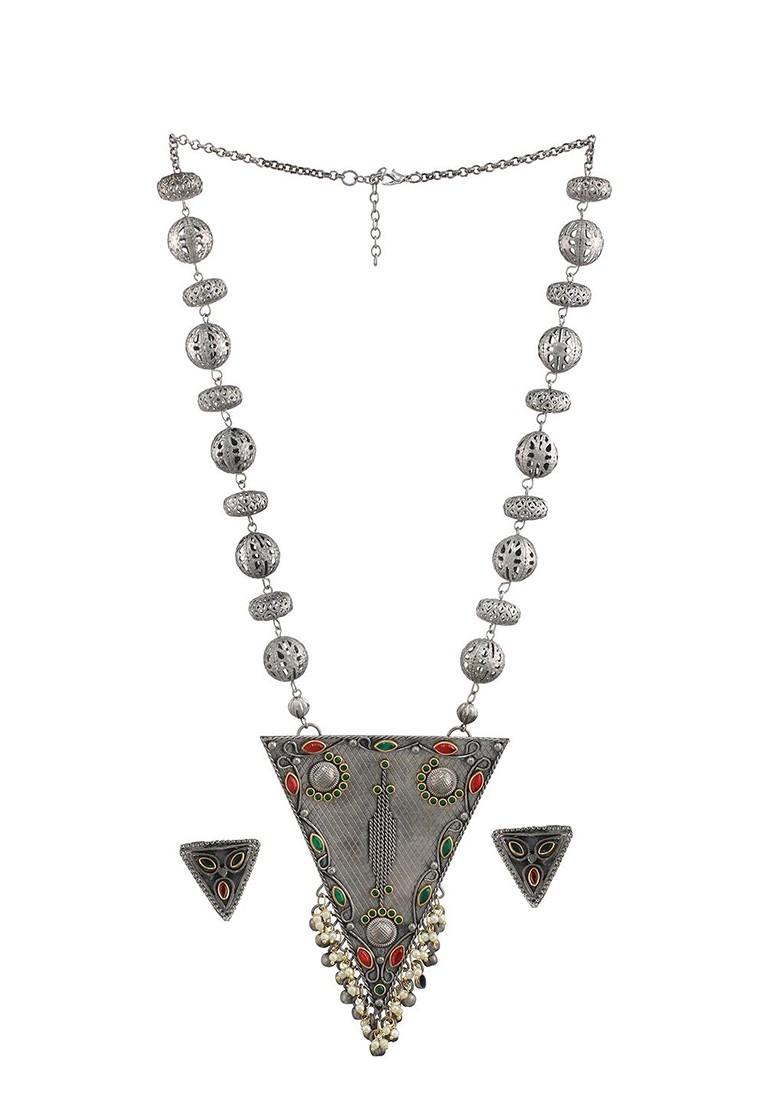 Silver Plated Oxidised Kundan Stone Studded Jewellery Set