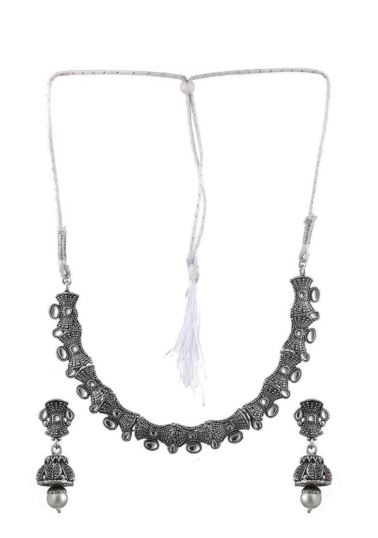 Silver Plated Stone Studded And Beaded Oxidised Jewellery Set