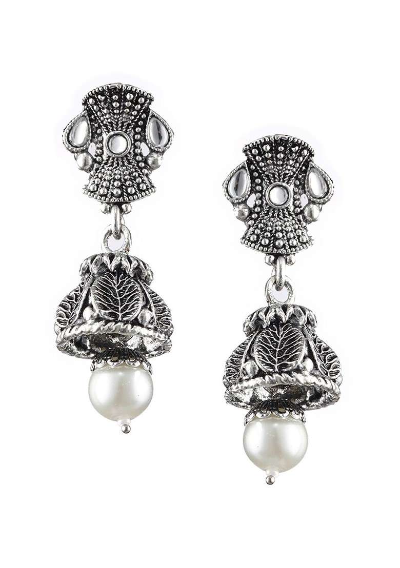 Silver Plated Stone Studded And Beaded Oxidised Jewellery Set - Indya