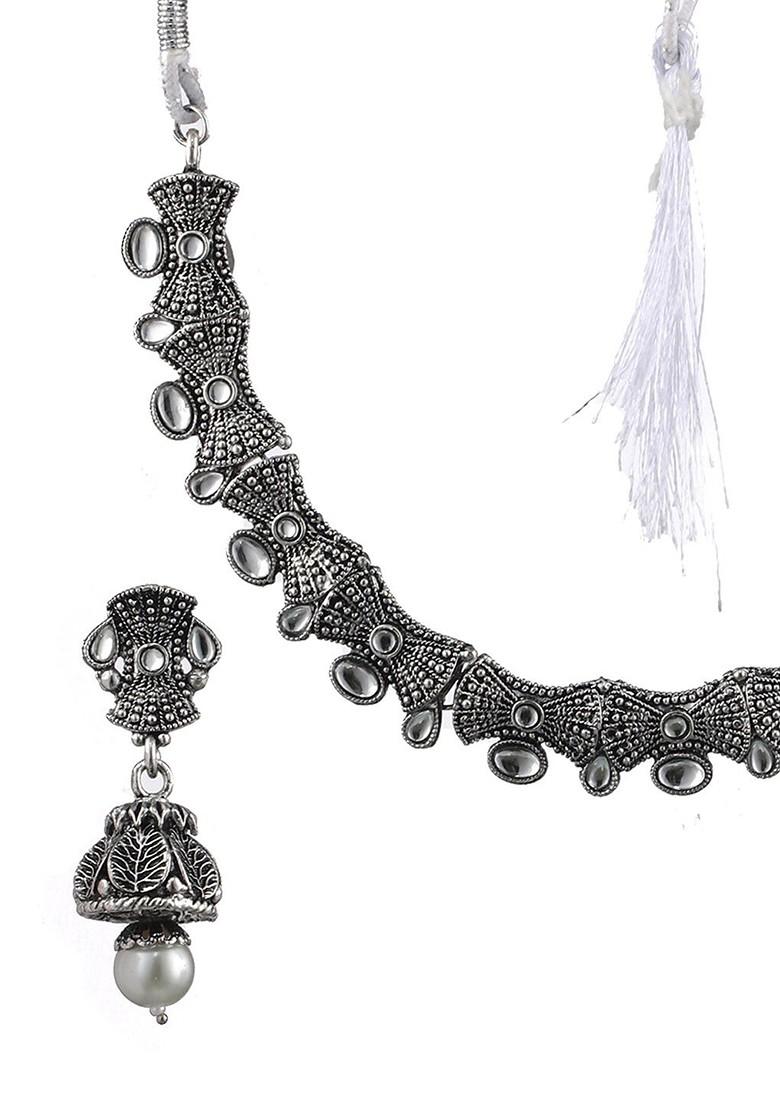 Silver Plated Stone Studded And Beaded Oxidised Jewellery Set