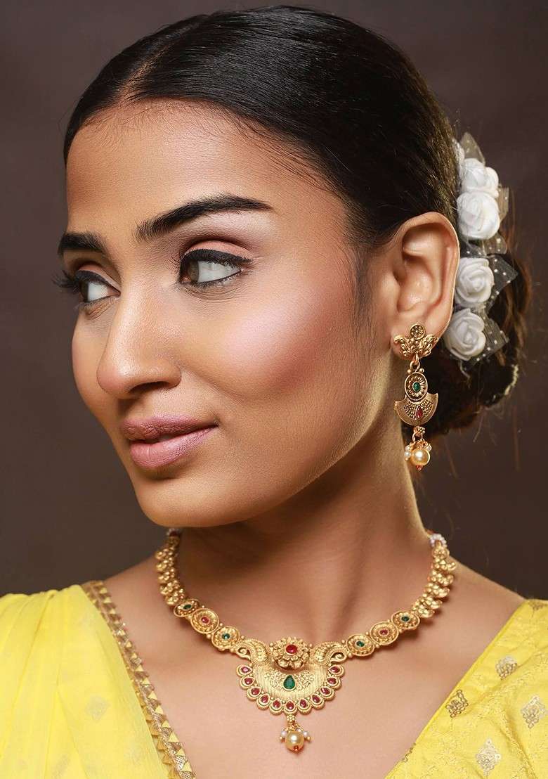 Gold Plated Stone Studded And Artificial Beaded Jewellery Set - Indya