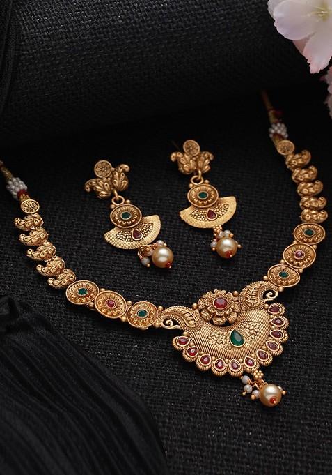 Gold Plated Stone Studded And Artificial Beaded Jewellery Set