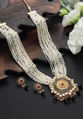 Gold Plated Stone Studded And Beaded Meenakari Jewellery Set