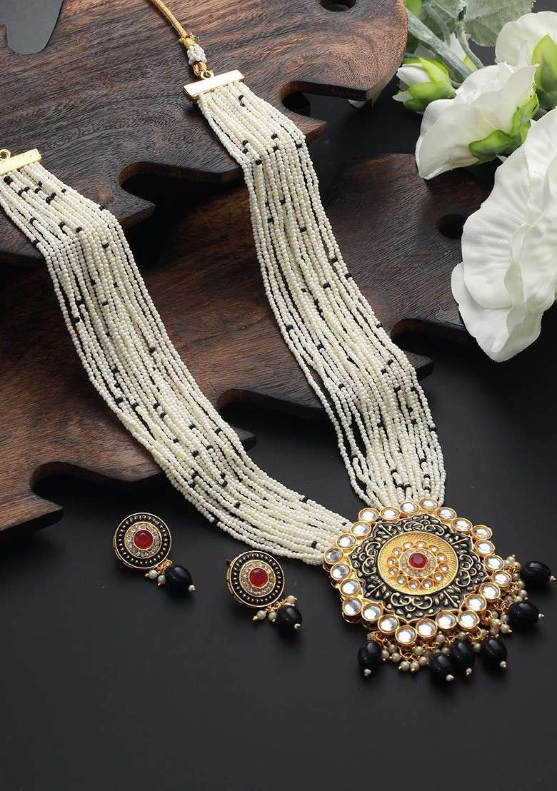 Gold Plated Stone Studded And Beaded Meenakari Jewellery Set - Indya