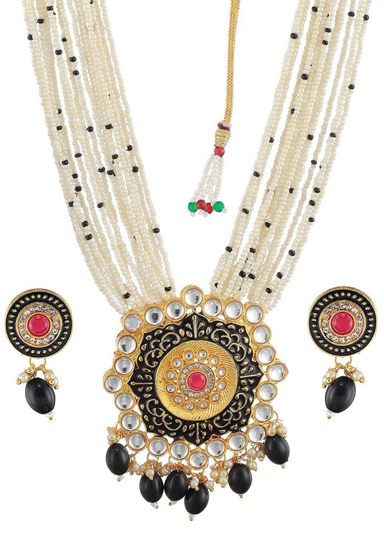 Gold Plated Stone Studded And Beaded Meenakari Jewellery Set