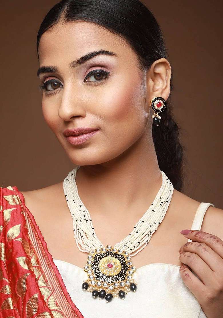 Gold Plated Stone Studded And Beaded Meenakari Jewellery Set - Indya