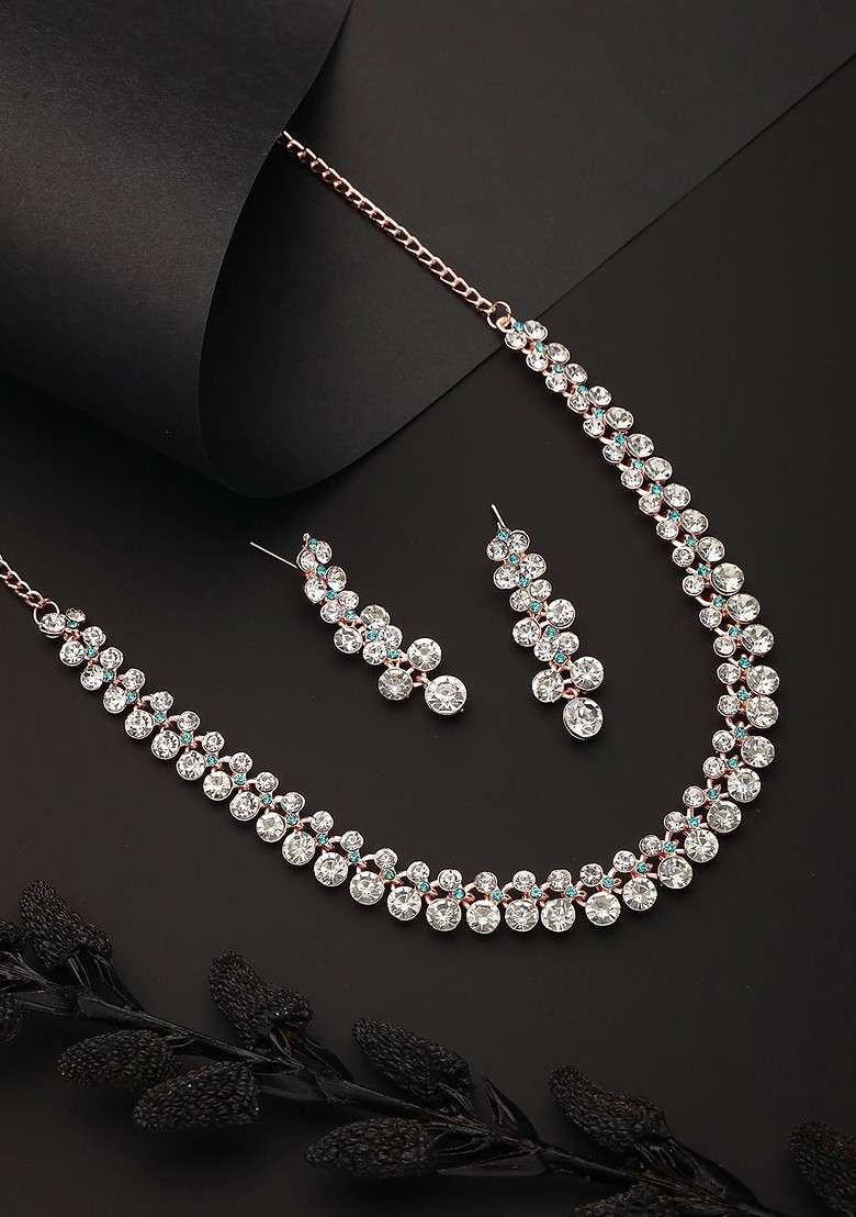 Rhodium Plated Ad Studded Jewellery Set - Indya