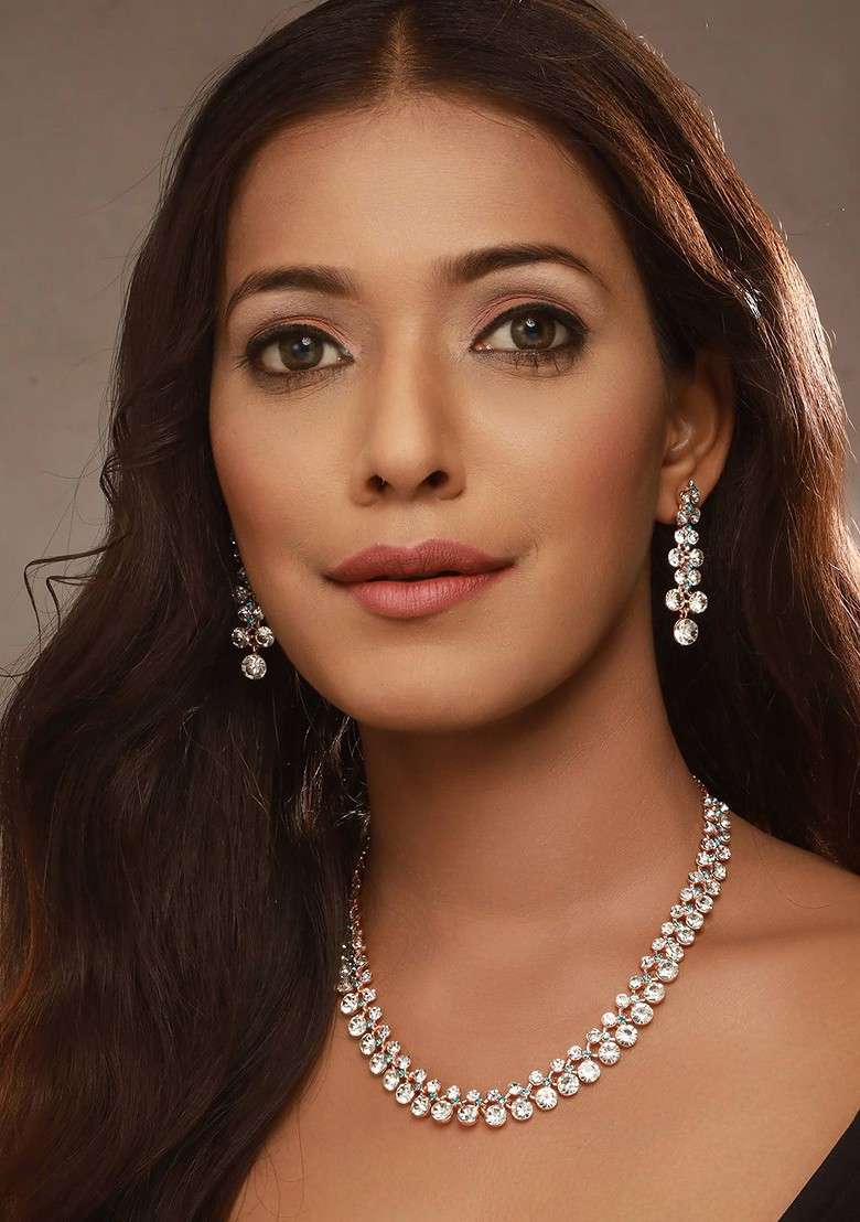 Rhodium Plated Ad Studded Jewellery Set - Indya