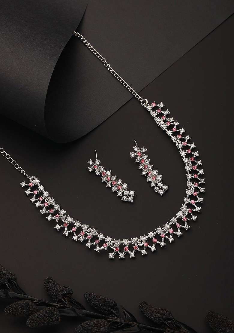 Rhodium Plated Ad Studded Jewellery Set - Indya