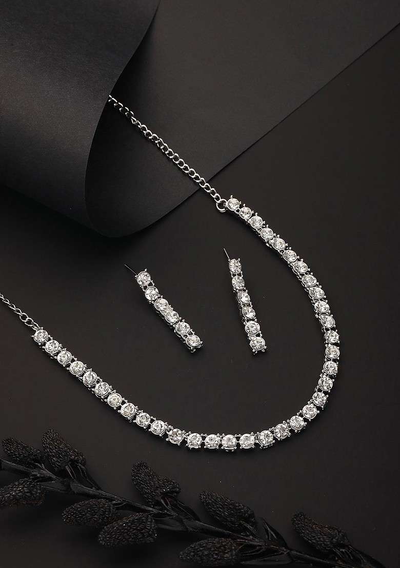 Rhodium Plated Ad Studded Jewellery Set - Indya