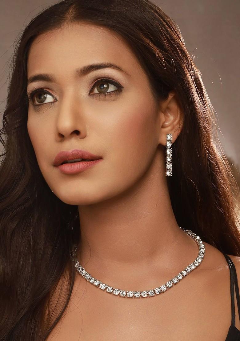 Rhodium Plated Ad Studded Jewellery Set