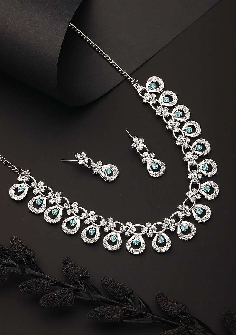 Rhodium Plated American Diamond Studded Jewellery Set - Indya