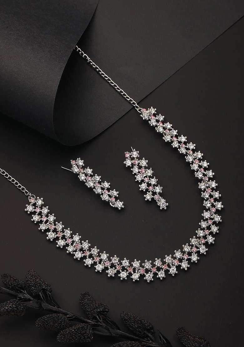 Rhodium Plated American Diamond Studded Jewellery Set - Indya