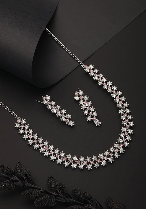Rhodium Plated American Diamond Studded Jewellery Set