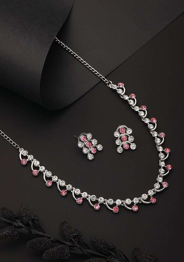 Rhodium Plated American Diamond Studded Jewellery Set - Indya