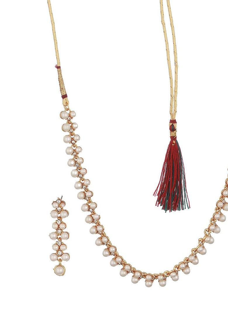 Gold Plated Stone Studded And Pearl Beaded Jewellery Set