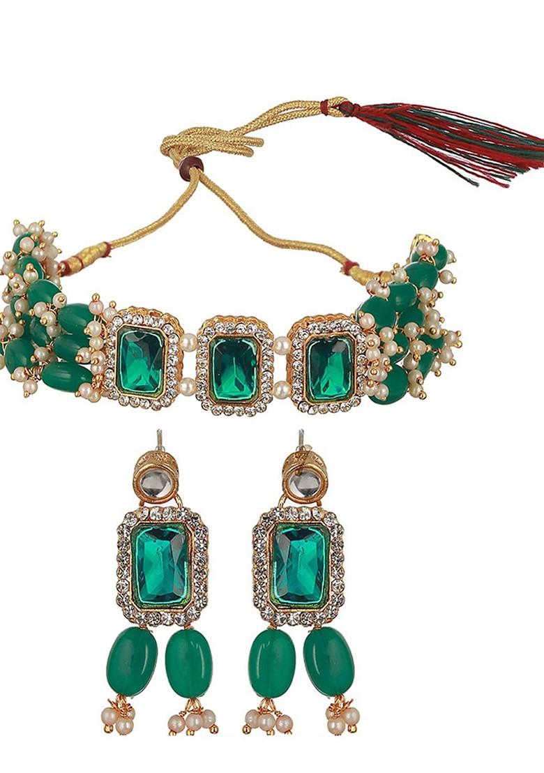 Gold Plated Stone Studded And Pearl Beaded Jewellery Set