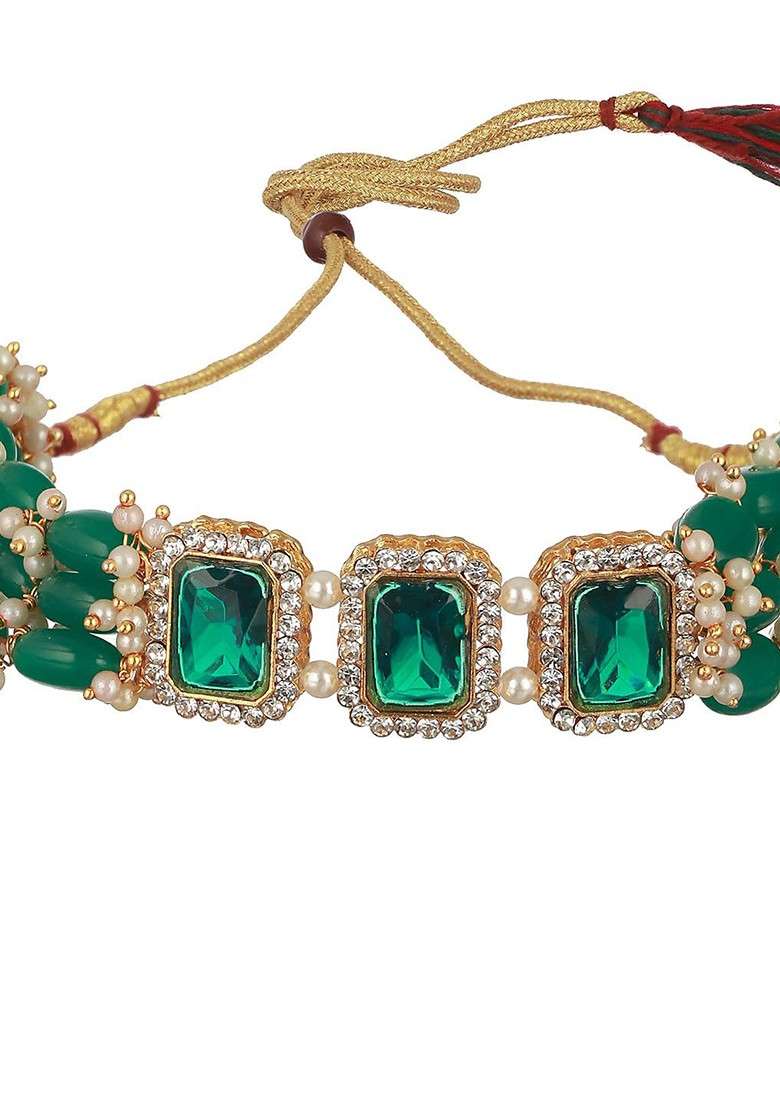 Gold Plated Stone Studded And Pearl Beaded Jewellery Set - Indya