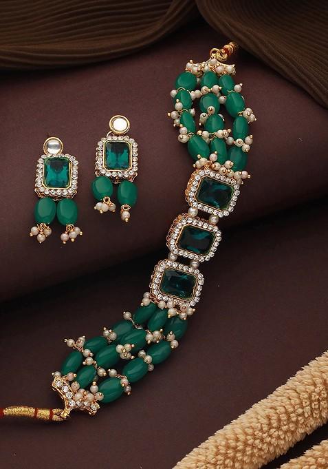 Gold Plated Stone Studded And Pearl Beaded Jewellery Set