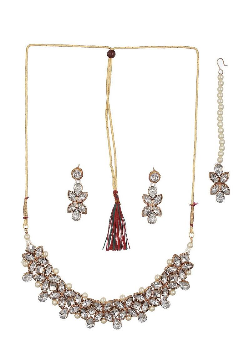 Gold Plated Stone Studded And Pearl Beaded Jewellery Set