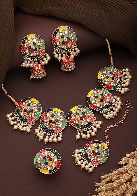 Gold Plated Stoine Studded And Beaded Jewellery Set