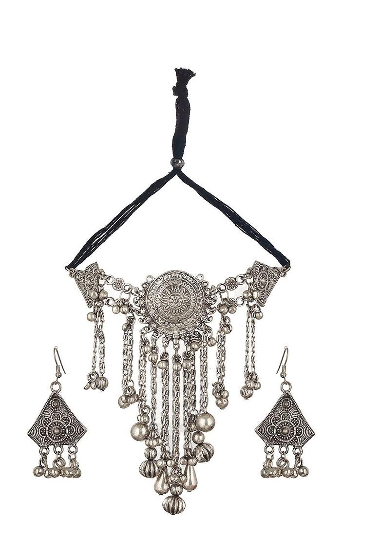Silver Plated Oxidised Beaded Necklace And Earrings