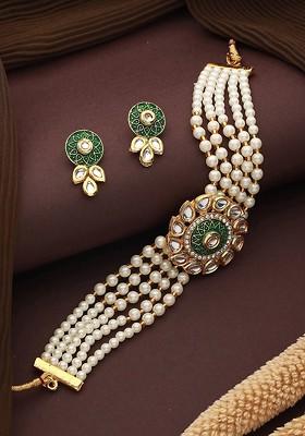 Gold Plated Kundan Studded And Beaded Meenakari Necklace And Earrings